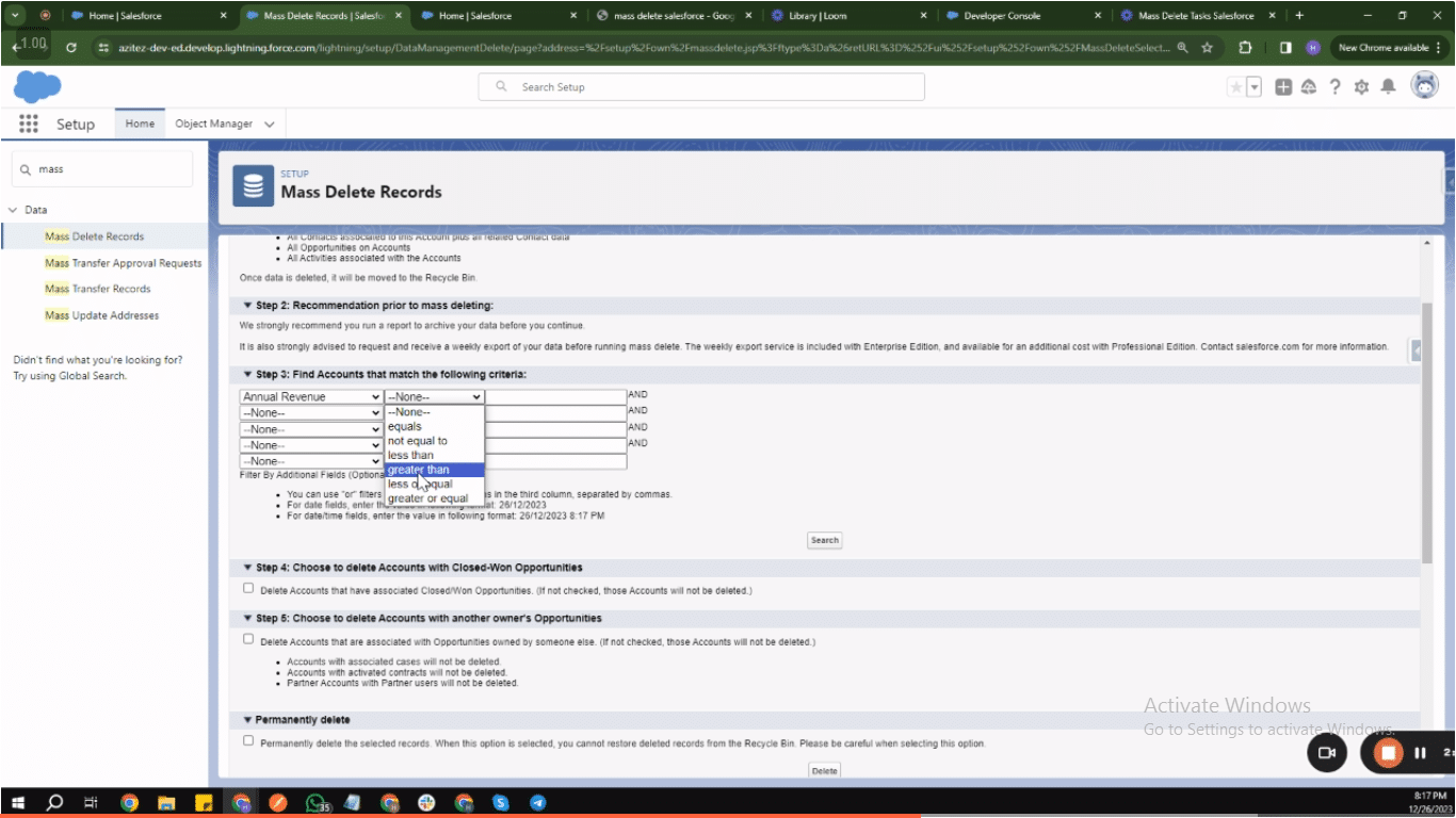 Applying filters and fields for selecting records to delete in Salesforce
