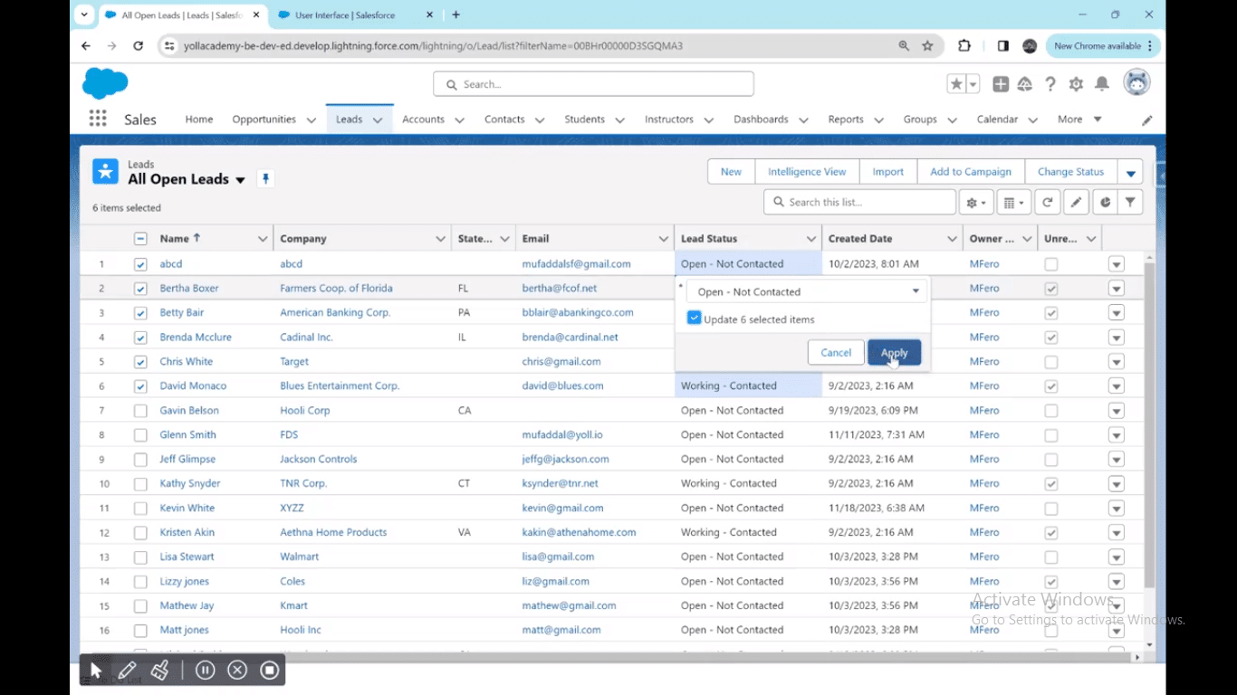 Editing status of a record and applying to all selected items in Salesforce mass update