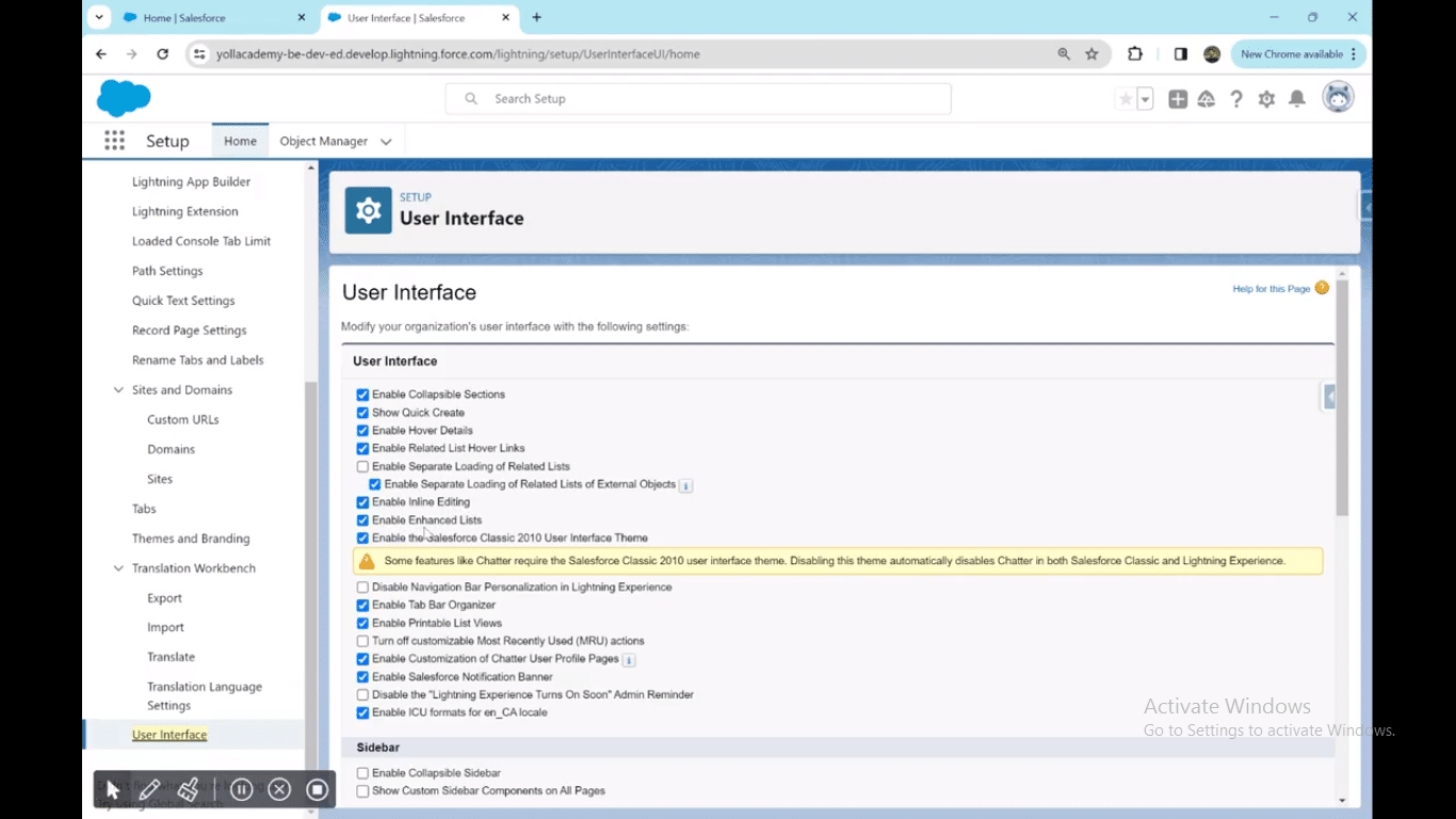 Enabling Inline Editing and Enhanced Lists in Salesforce User Interface settings