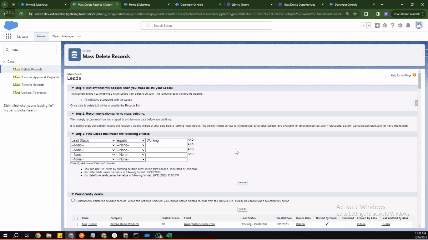 Specifying filters and fields for mass deleting leads in Salesforce