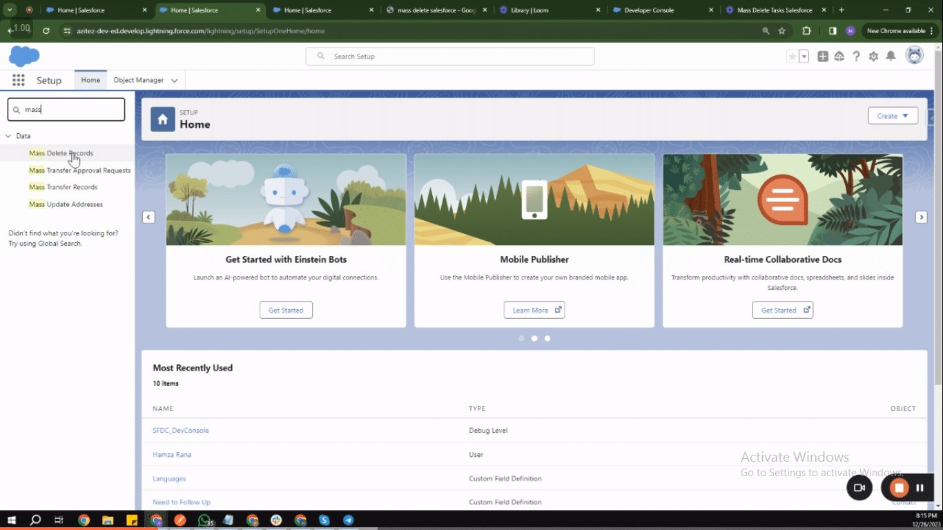 Searching for 'Mass Delete Records' in Salesforce Setup