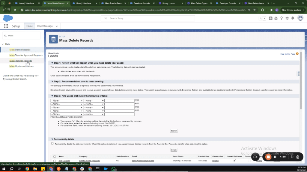 Locating 'Mass Transfer Records' in the Salesforce setup