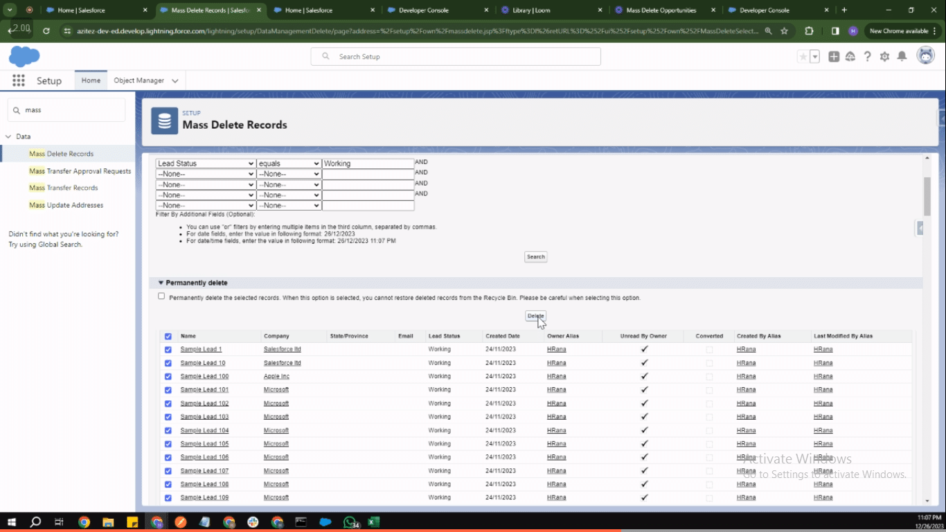 Permanently deleting selected leads in Salesforce