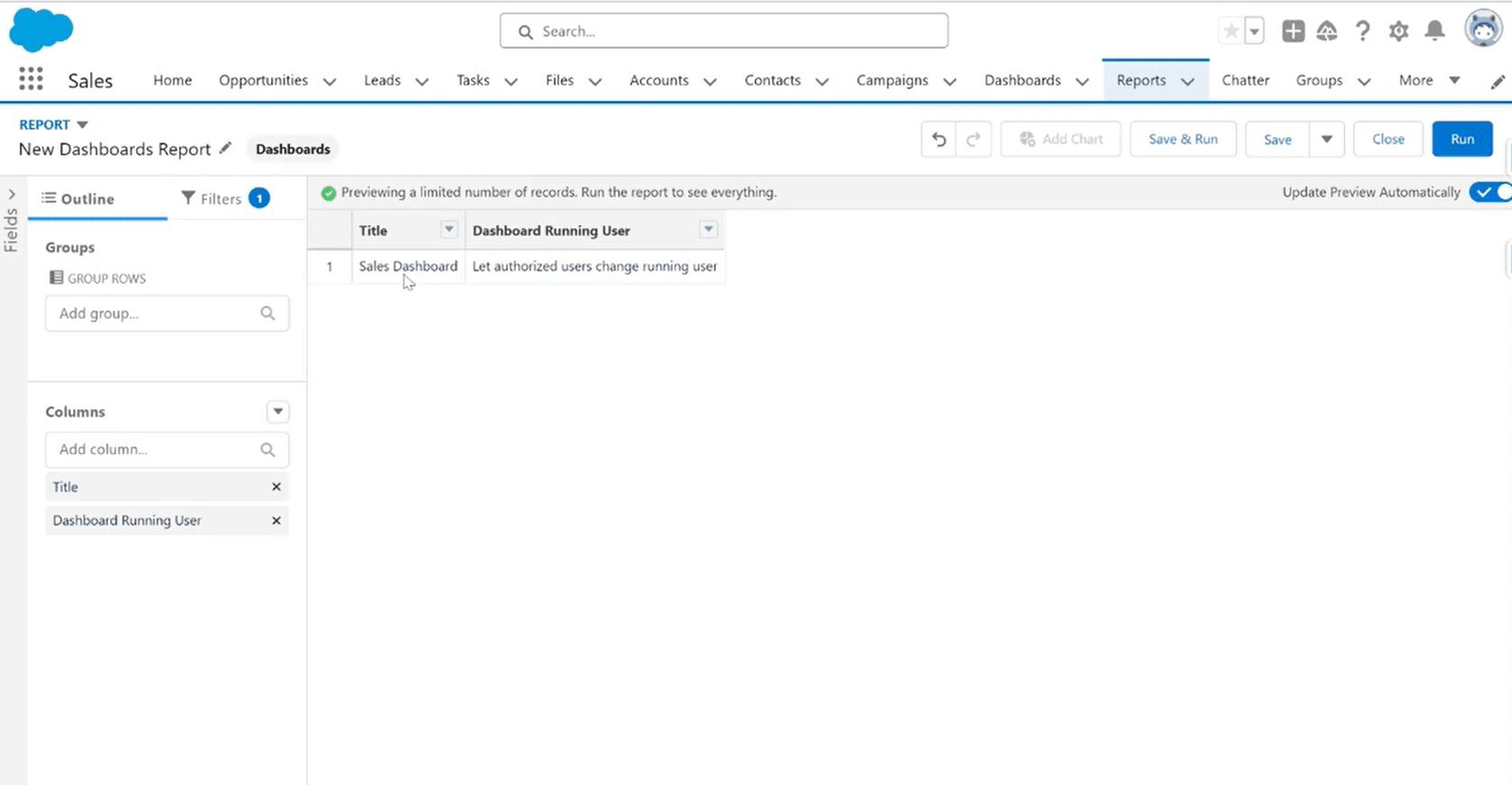 Adding Title and Dashboard Running User columns in Salesforce report