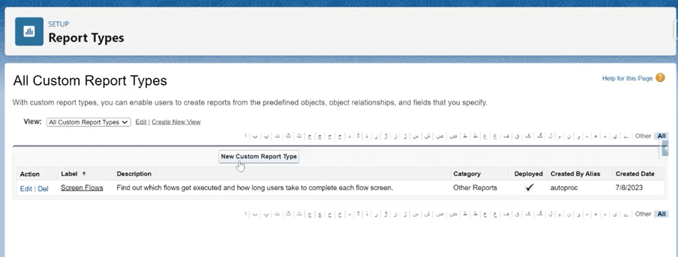 Displaying the Report Types page in Salesforce