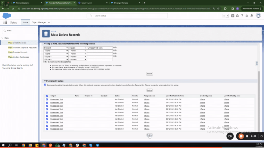 Reviewing and selecting tasks for mass deletion in Salesforce