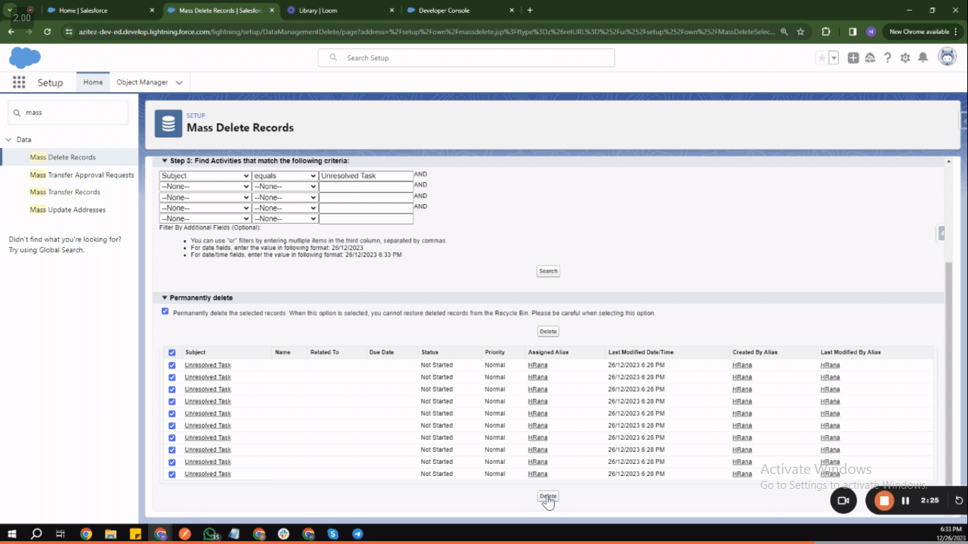 Reviewing and selecting tasks for mass deletion in Salesforce