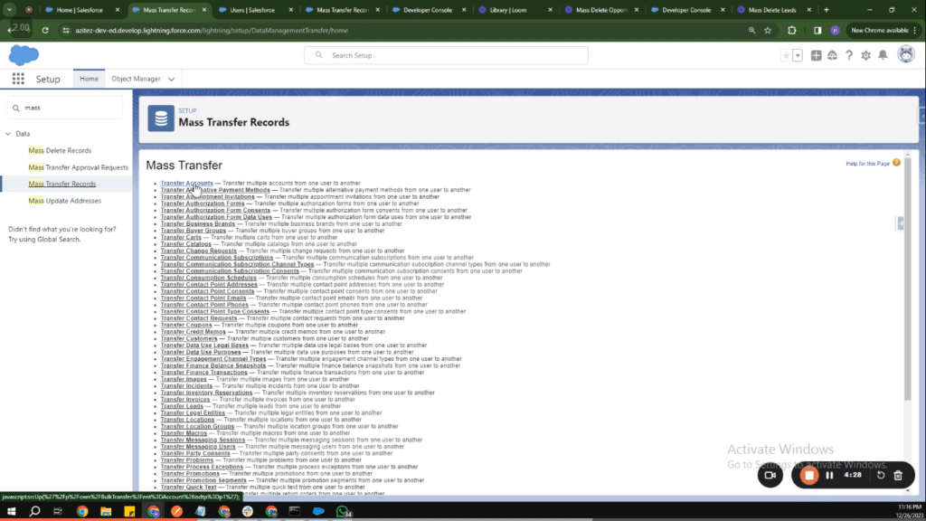 Selecting the 'Transfer Accounts' feature in Salesforce