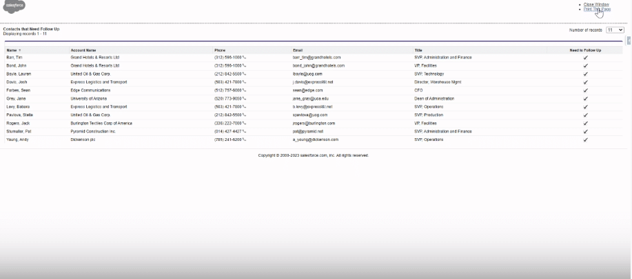Using the 'Print this page' feature in Salesforce to prepare contacts for export.