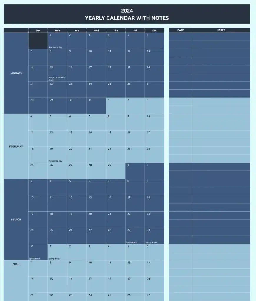 Yearly Calendar with Notes
