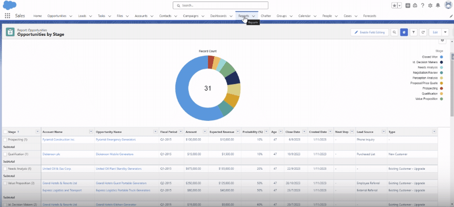 Accessing the Reports Section in Salesforce to View Report Options
