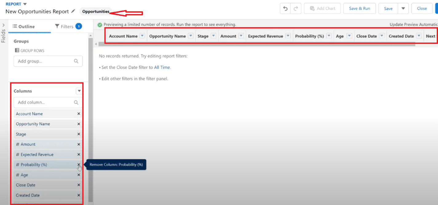 Adding and Organizing Fields in Salesforce Stage Report