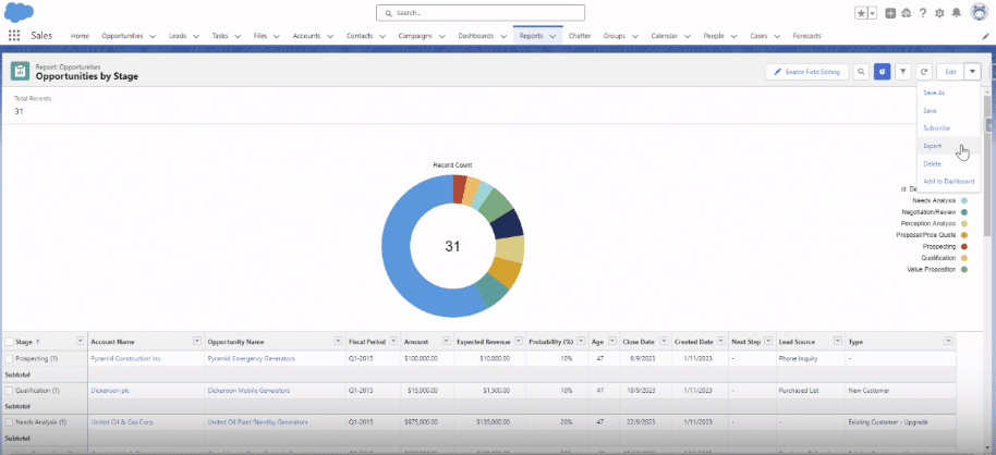 Choosing the 'Exports' Option in Salesforce Report Settings