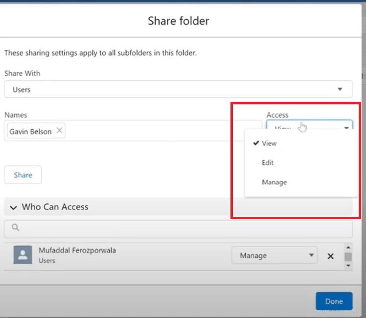 Defining user and group access levels in Salesforce dashboard