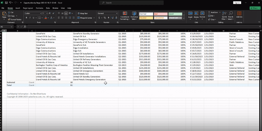 Downloaded Salesforce Report in Excel Format Ready for Analysis