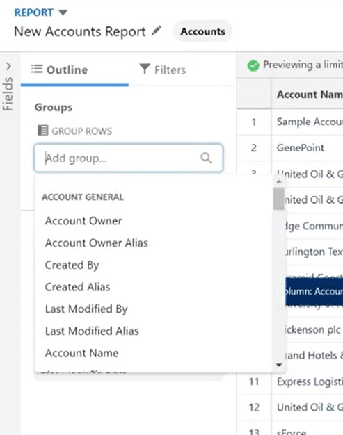 Reviewing and modifying columns in the Salesforce matrix report builde