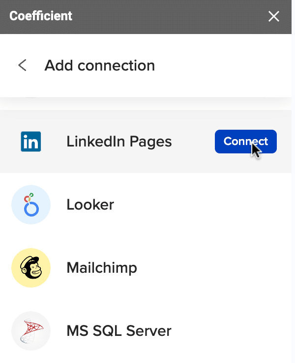 Choosing LinkedIn Pages as the data source in Coefficient