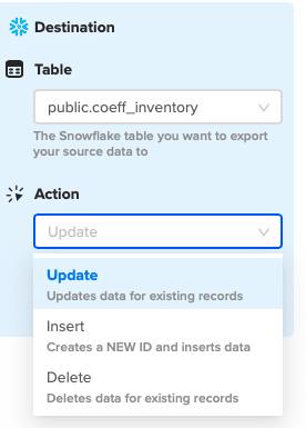 Selecting 'Update' option for Snowflake data in Coefficient