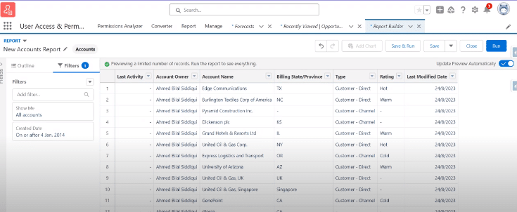 Reviewing Filtered Accounts in Salesforce Reports