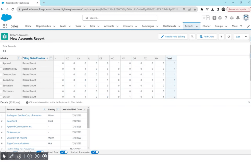 Using the 'Save and Run' option for the Salesforce matrix report
