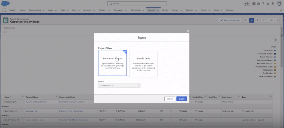 Selecting 'Formatted Report' and Excel Format for Export in Salesforce
