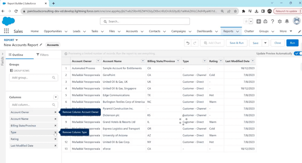 Choosing a report type from standard or custom options in Salesforce.