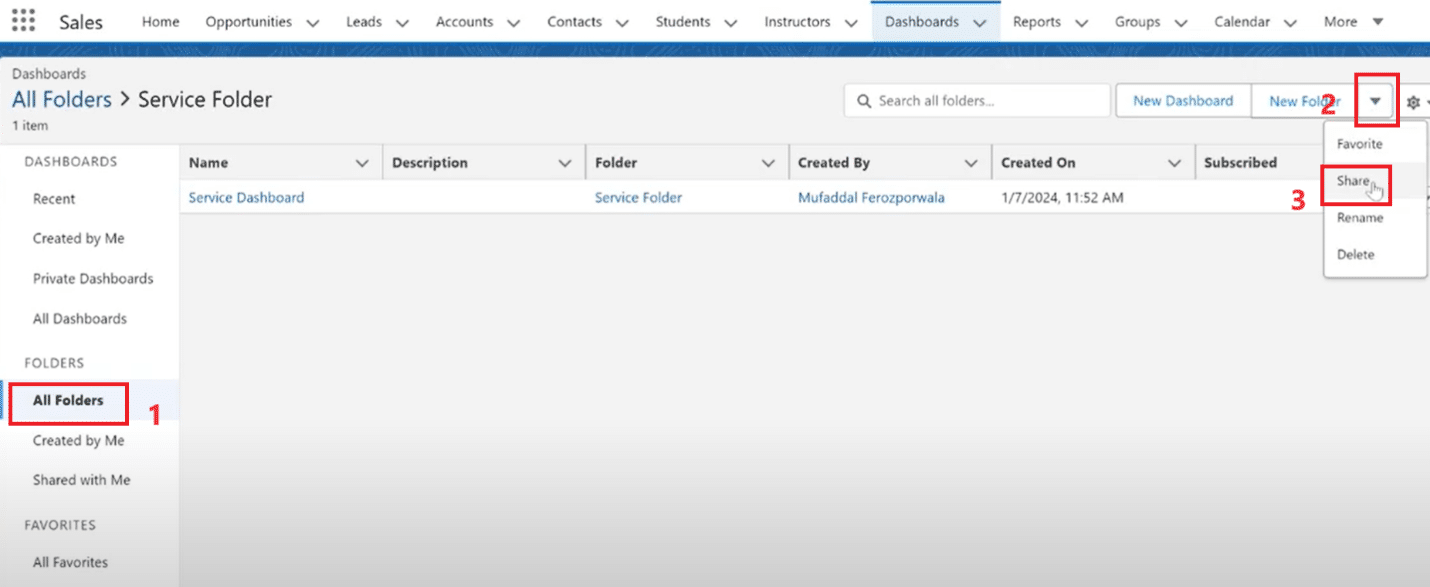 Clicking the 'Share' button in Salesforce dashboard