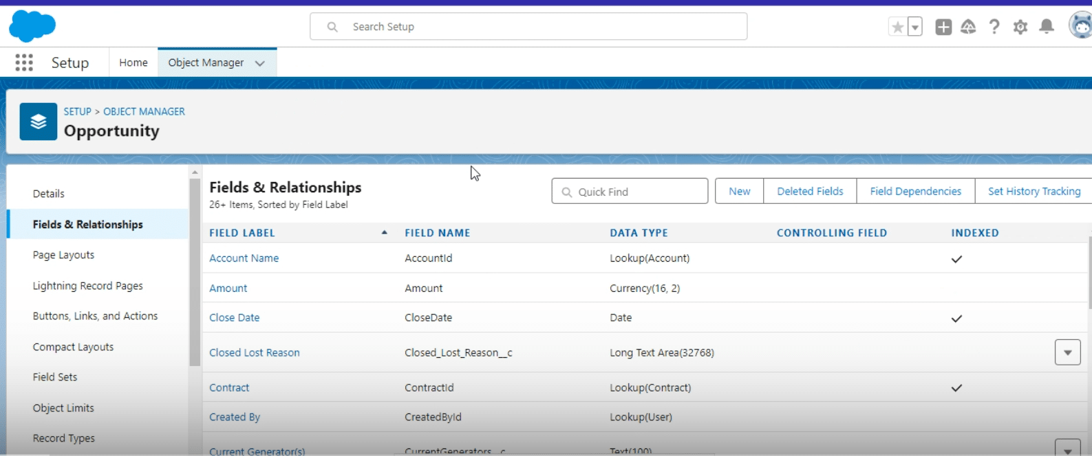 Navigating to the Opportunity object in Salesforce Setup to add a new lookup field