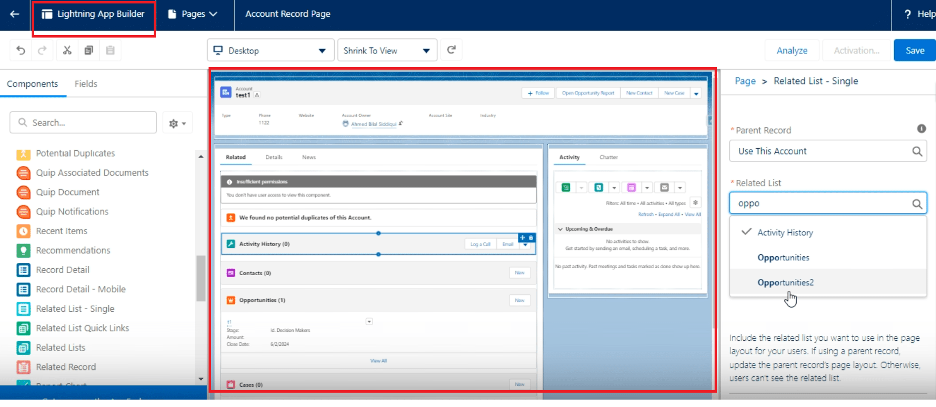 Validation screen showing opportunities correctly organized into separate containers for sales and marketing