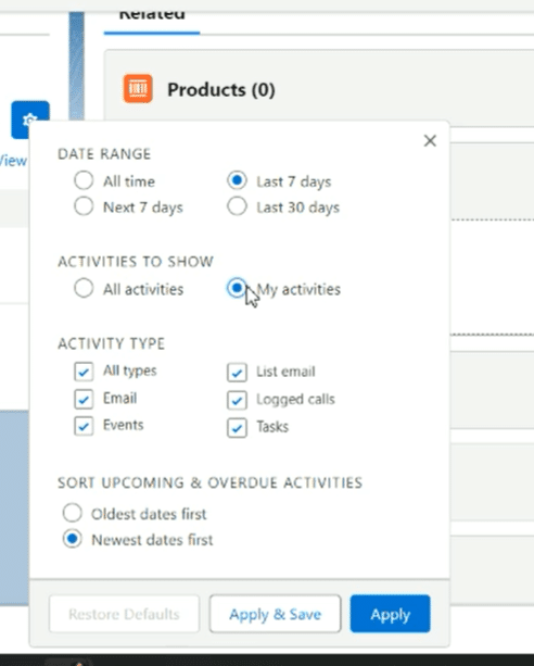 Using the gear icon to customize filter options in Salesforce