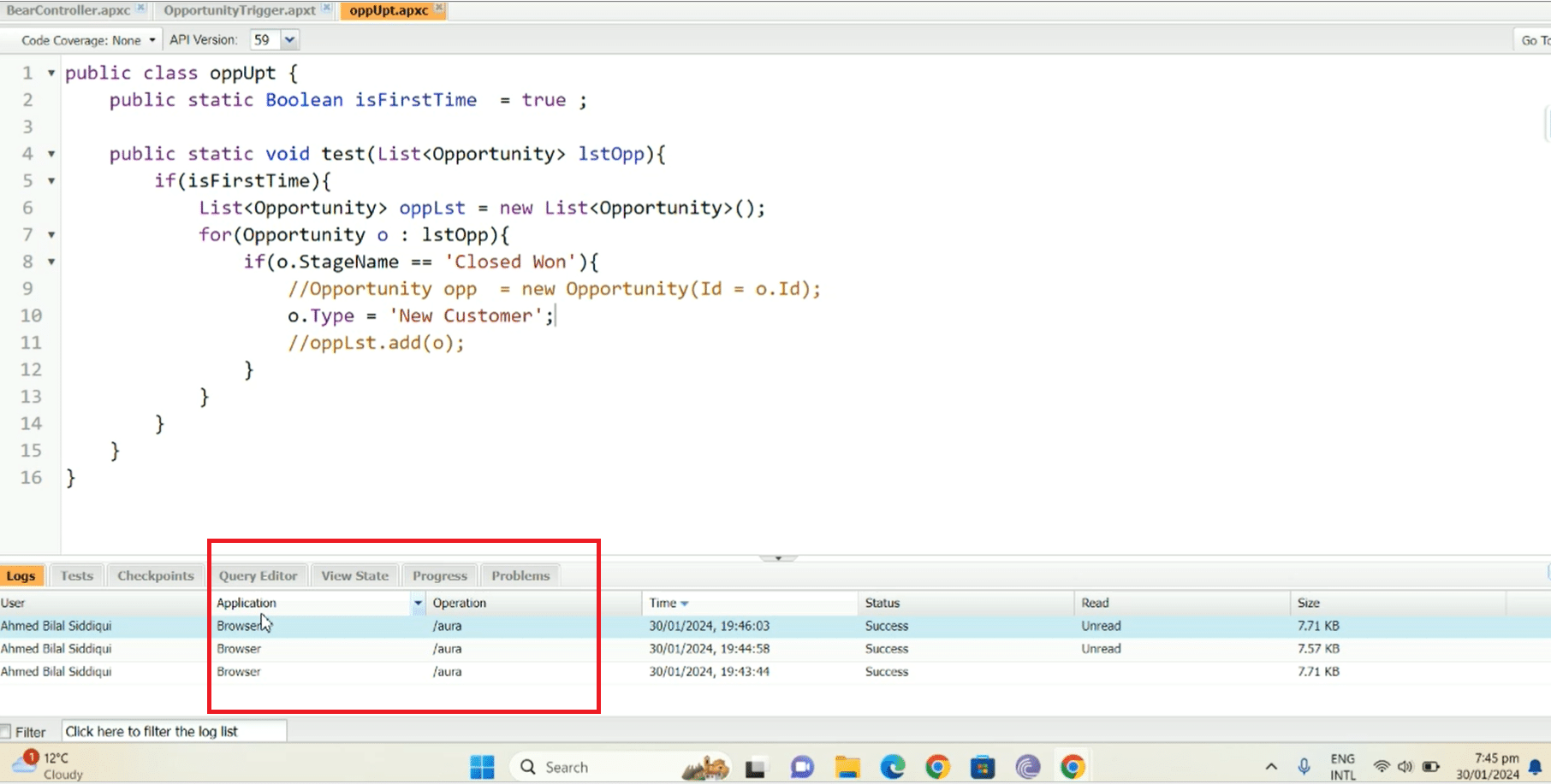 Opening and examining the details within a debug log entry for in-depth analysis.