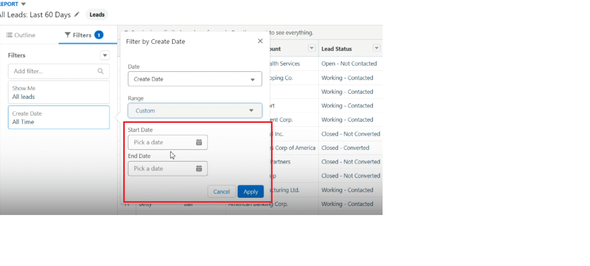 Updated Salesforce report after applying a specific date filter