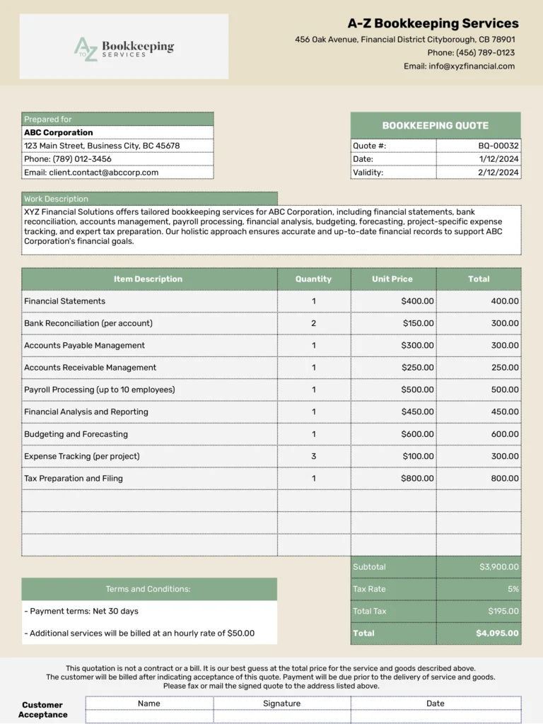bookkeeping quote template