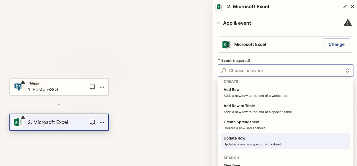 Selecting the trigger event in Zapier for initiating data transfer from PostgreSQL to Excel
