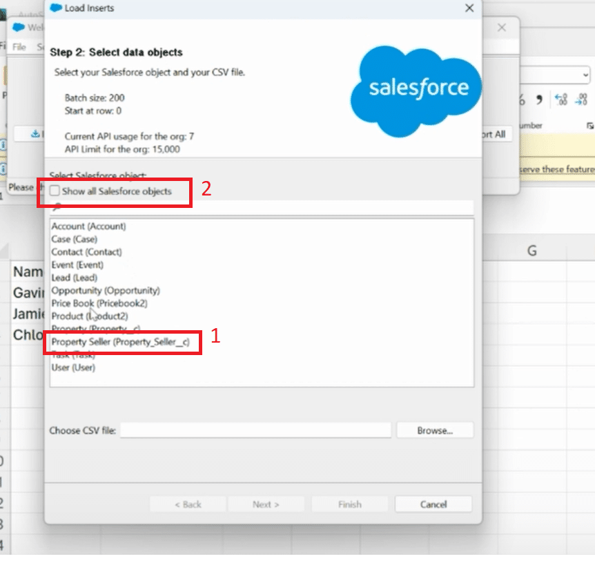 Selecting the custom object "Property Sellers" in Data Loader for data import.