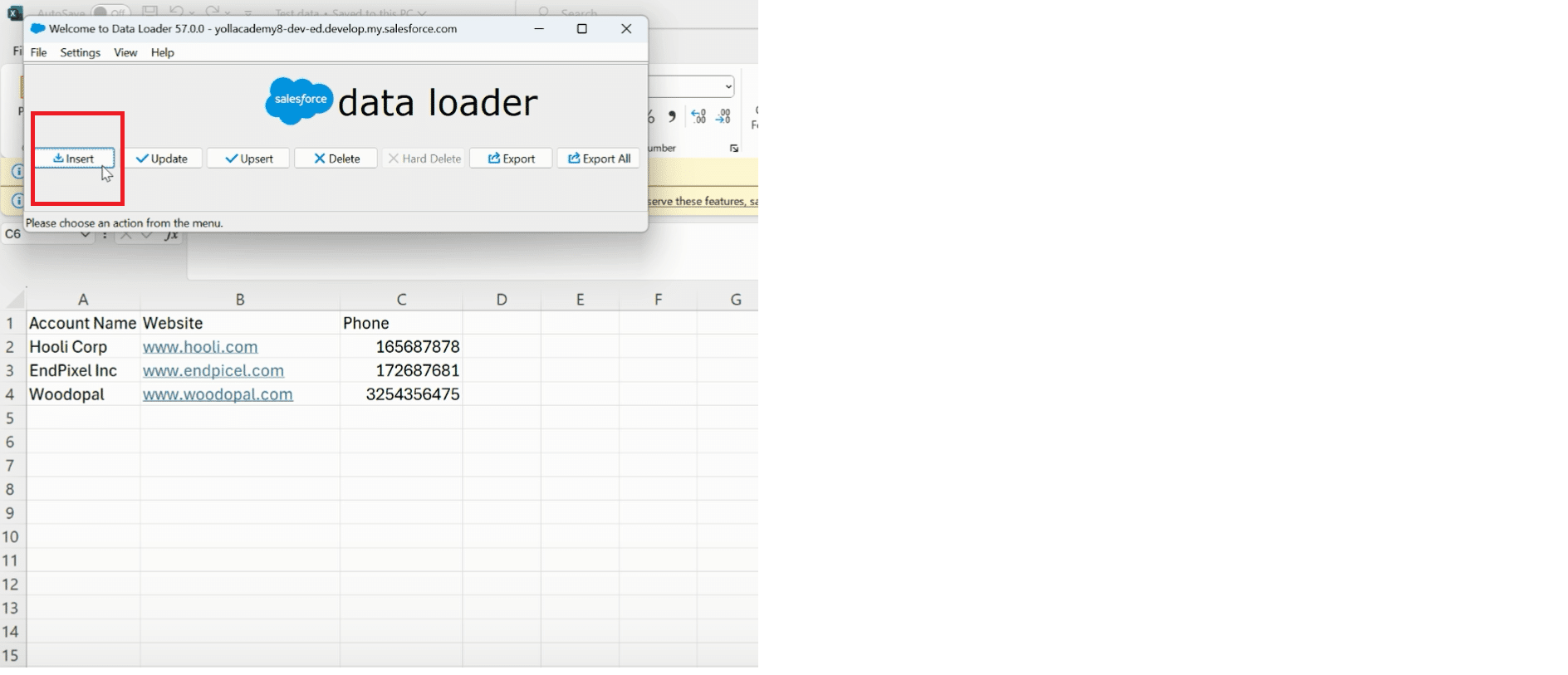 Choosing the import file and mapping fields to Salesforce object fields in Data Loader.