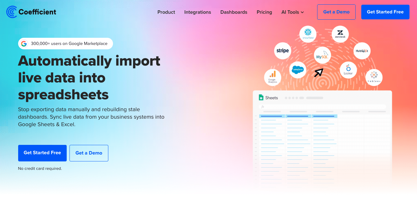 Coefficient’s homepage displaying seamless integration with Google Sheets and Excel for live data analysis and reporting.