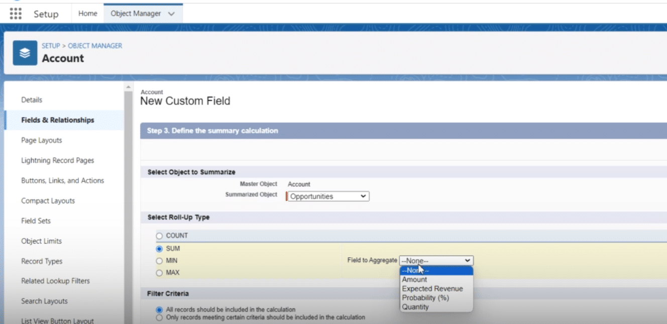 Configuring criteria for summarizing Opportunities in Salesforce