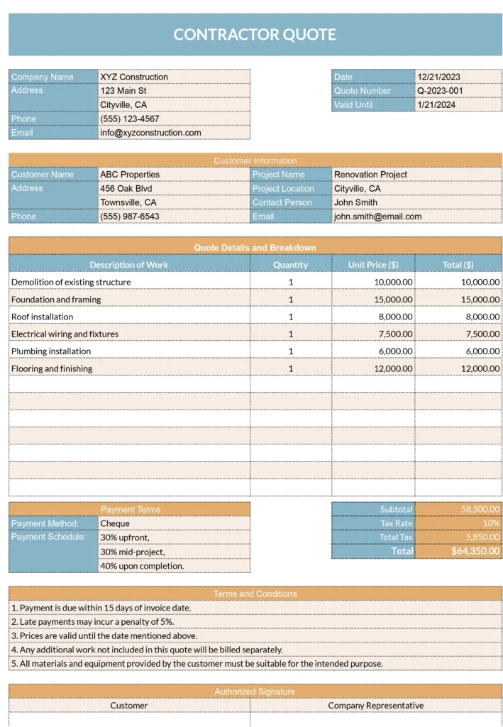 contractor quote template