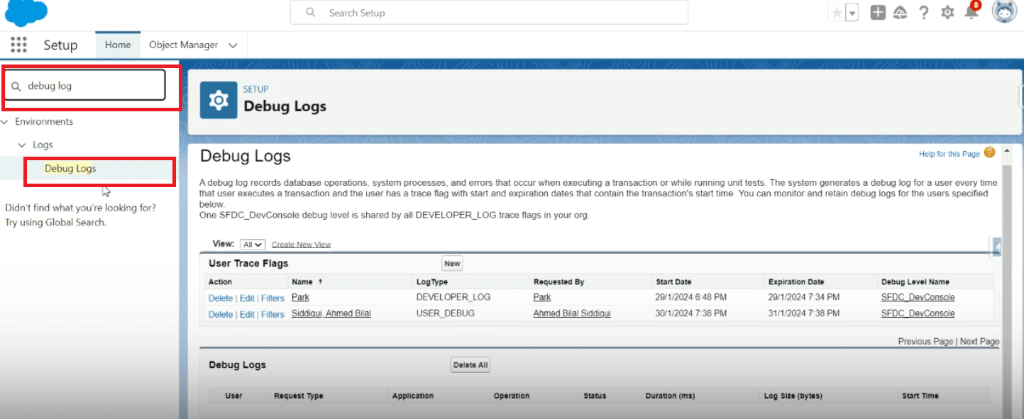 Selecting 'New' to initiate the creation of a new debug log in Salesforce.