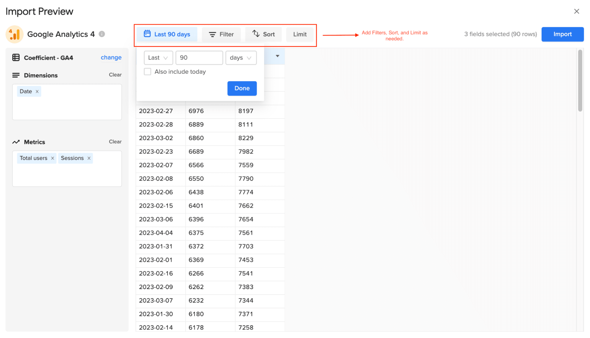 Customizing GA4 excel data import with filters, sorts, and limits in Coefficient