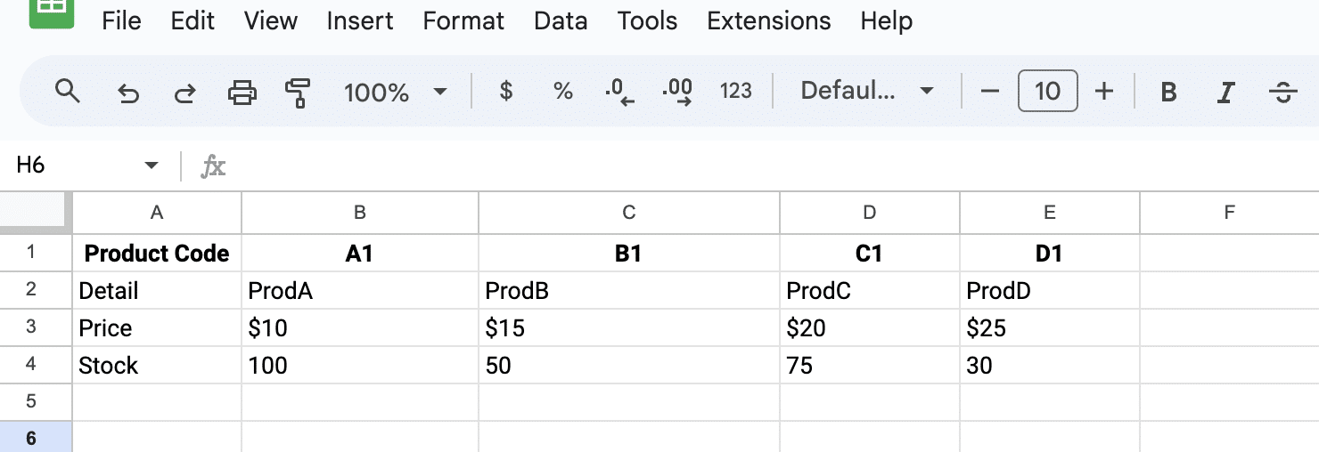 Basic usage of HLOOKUP for horizontal data lookup in Google Sheets.