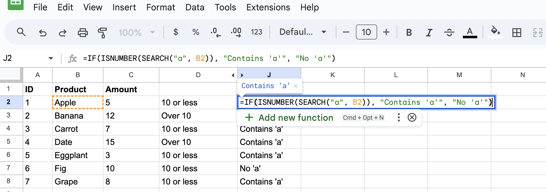 Using MATCH function in Google Sheets to locate 'Carrot' in the product list.