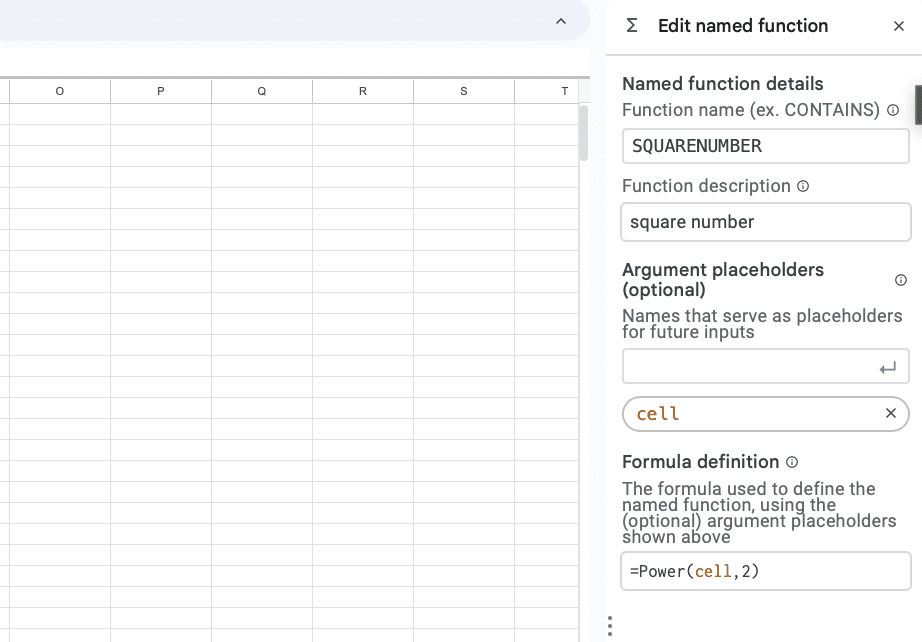 Giving your function a name, description, placeholder, and formula. 