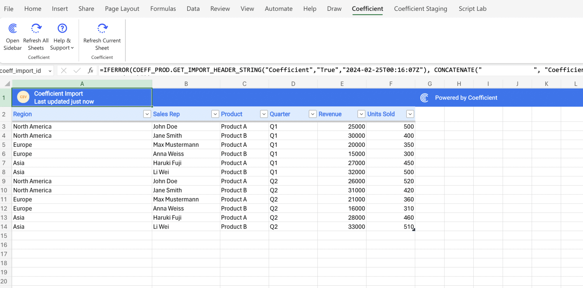 Imported CSV Data in Excel using Coefficient Add-in