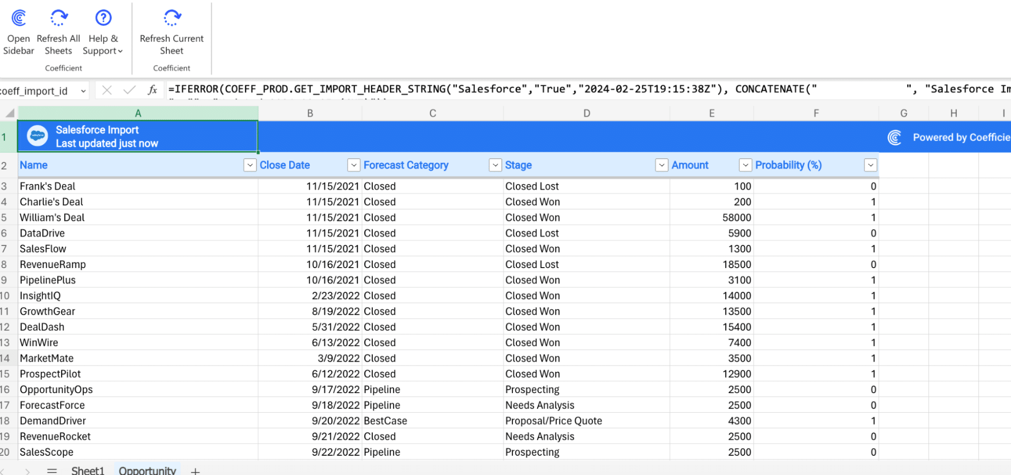 Importing selected Salesforce fields into Excel with Coefficient