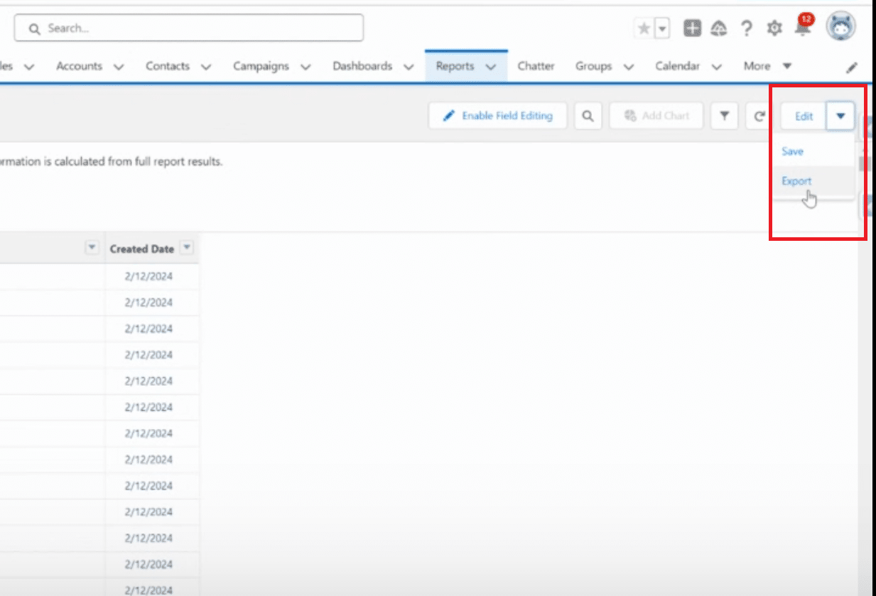 Locating the 'Export' button in Salesforce report view to begin exporting large datasets.