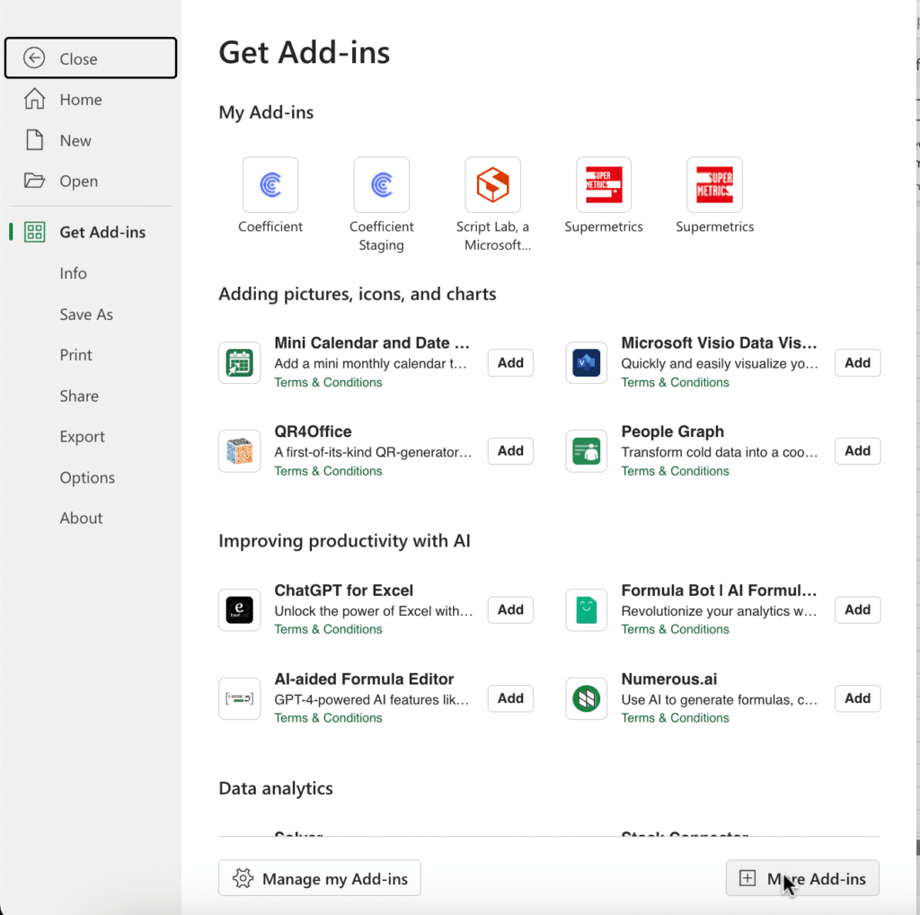 Navigating to 'Get Add-ins' under the File tab in Excel to search for Coefficient