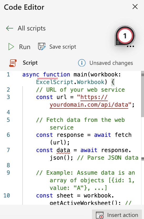 Entering the data fetching script in the Code Editor within Excel for Web to access PostgreSQL data