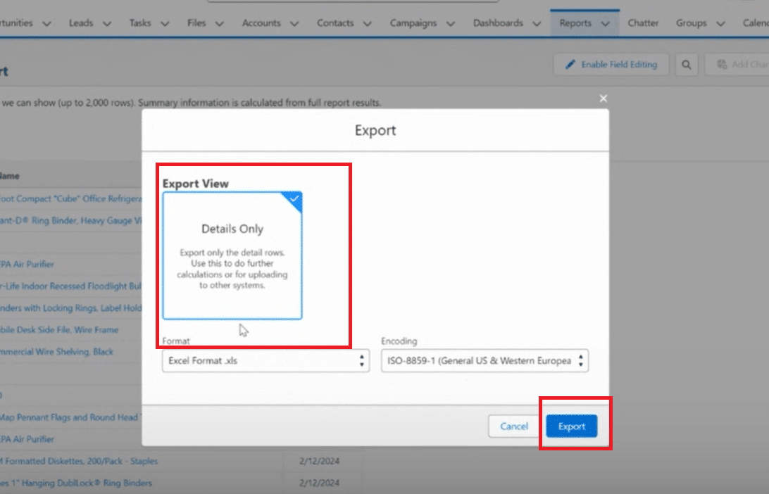Selecting Excel as the preferred format for Salesforce report data export for enhanced data manipulation.